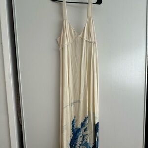 Staud cream and blue painting maxi dress with adjustable straps and tie back